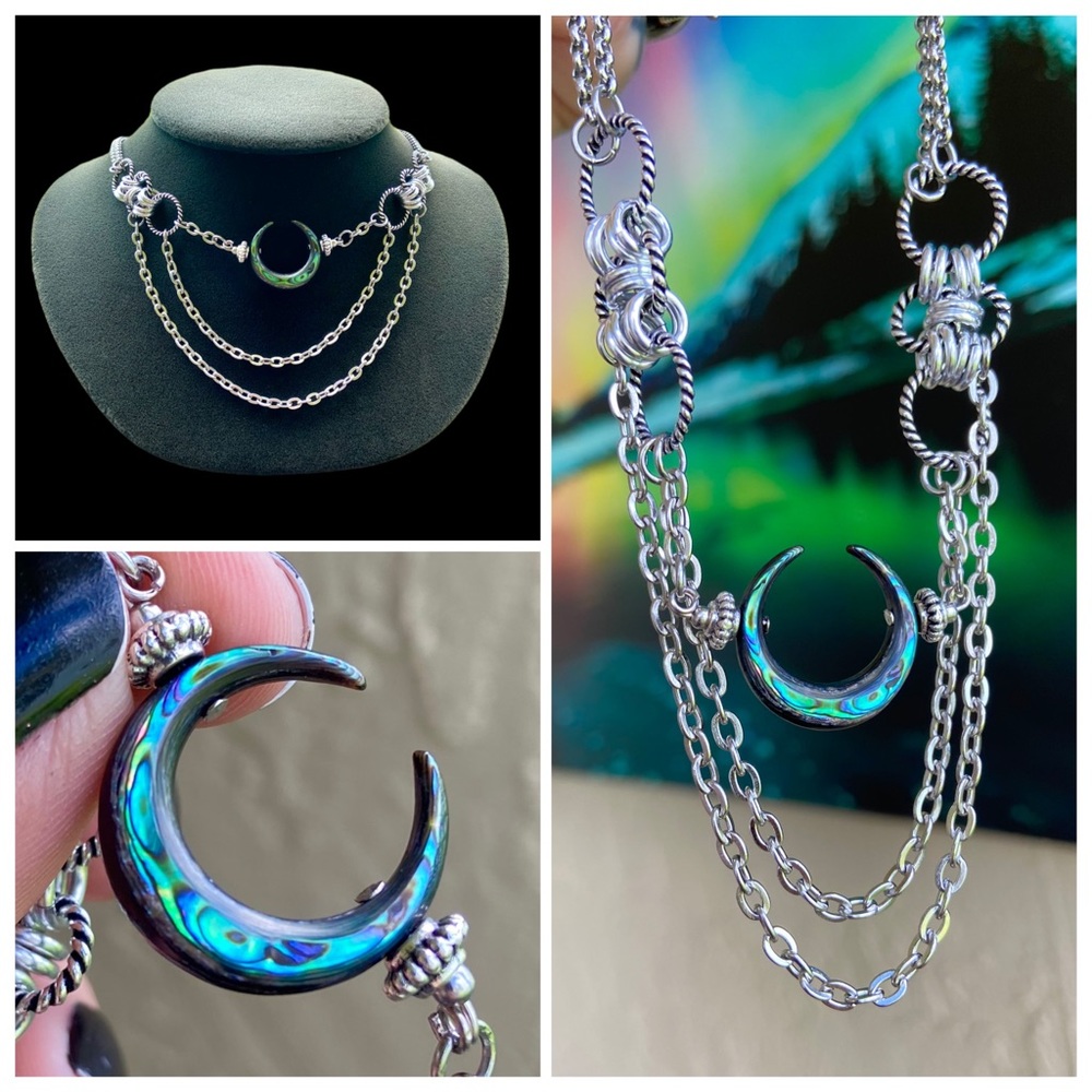 Handmade maille choker & Abalone crecent moon lunula horns charm goth necklace